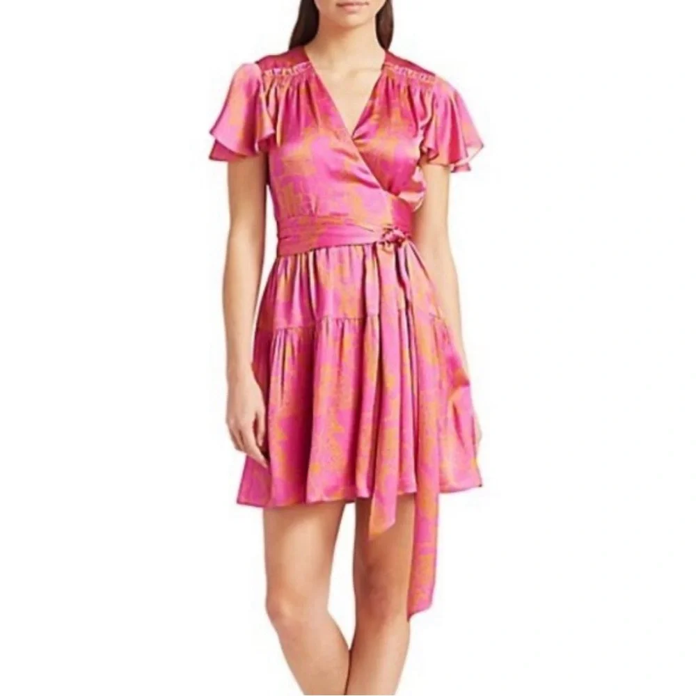 Tanya Taylor Paris Hammered Silk Wrap Dress in Ikat Flower Pink $545 - Picture 1 of 12